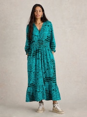 White Stuff Green Jonie Shirred 100% Cotton Jersey Dress - Image 1 of 6