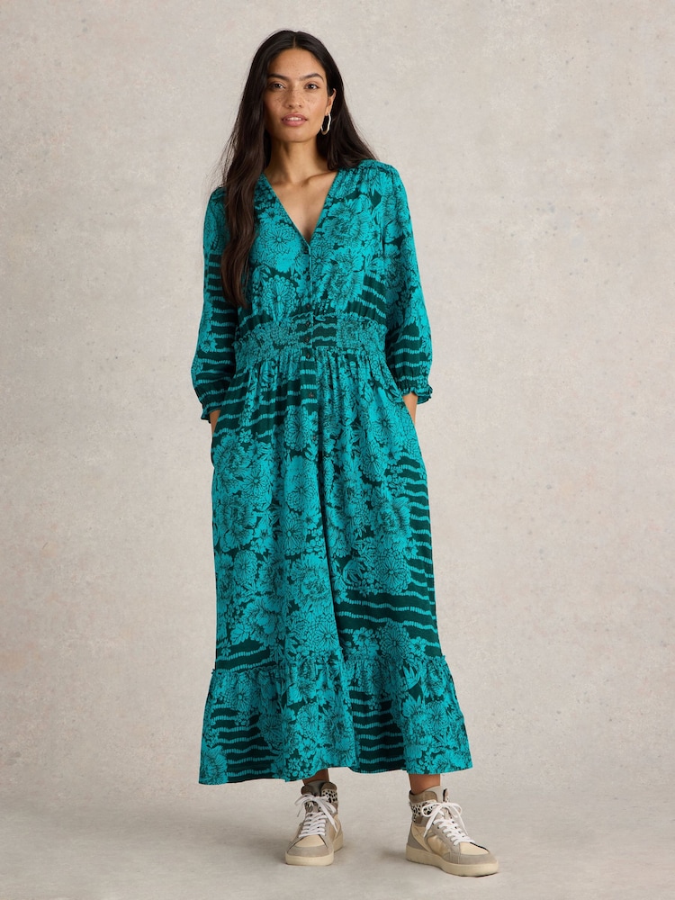 White Stuff Green Jonie Shirred 100% Cotton Jersey Dress - Image 1 of 6