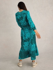 White Stuff Green Jonie Shirred 100% Cotton Jersey Dress - Image 2 of 6