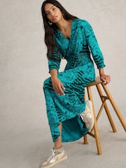 White Stuff Green Jonie Shirred 100% Cotton Jersey Dress - Image 3 of 6
