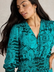 White Stuff Green Jonie Shirred 100% Cotton Jersey Dress - Image 4 of 6