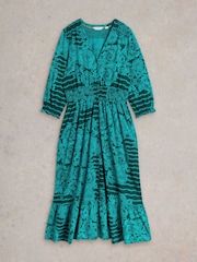 White Stuff Green Jonie Shirred 100% Cotton Jersey Dress - Image 5 of 6