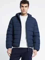 Синий - Стеганая куртка с капюшоном и пуховиком River Island - Изображение 3 из 4