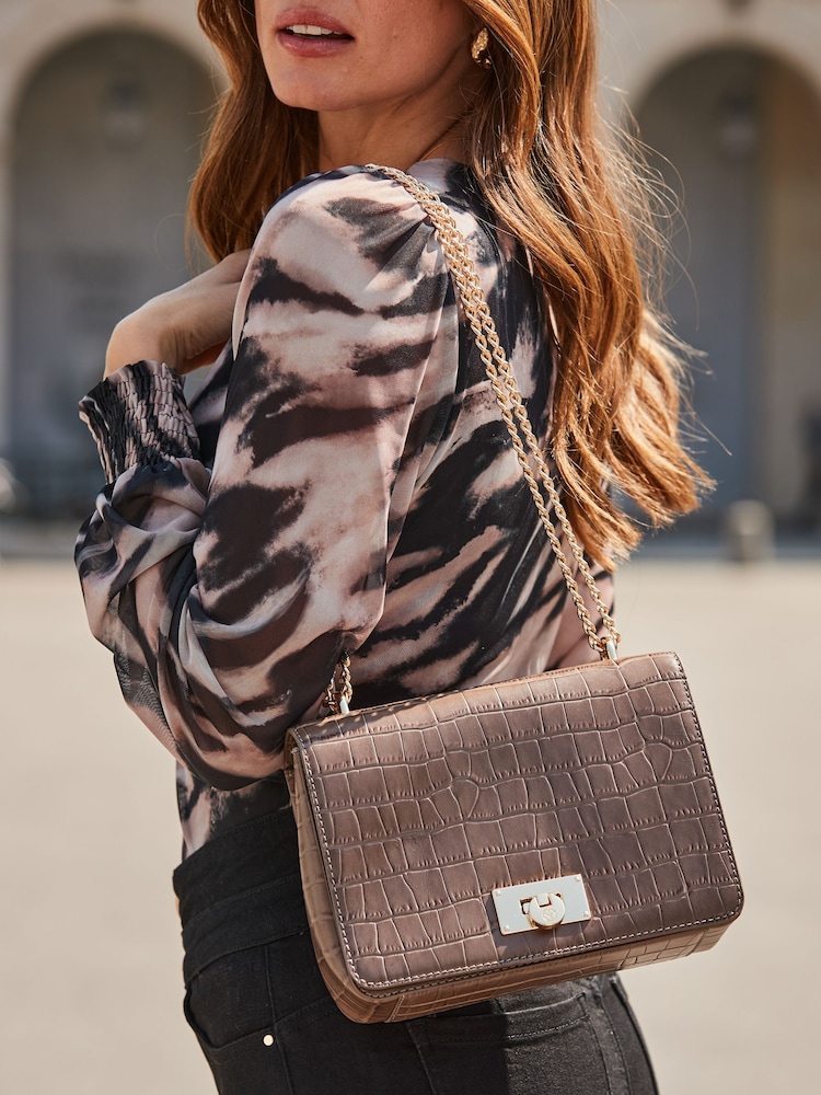Sosandar Brown Leather Croc Shoulder Bag - Image 1 of 5 Sosandar Brown Leather Croc Shoulder Bag - Image 1 of 5