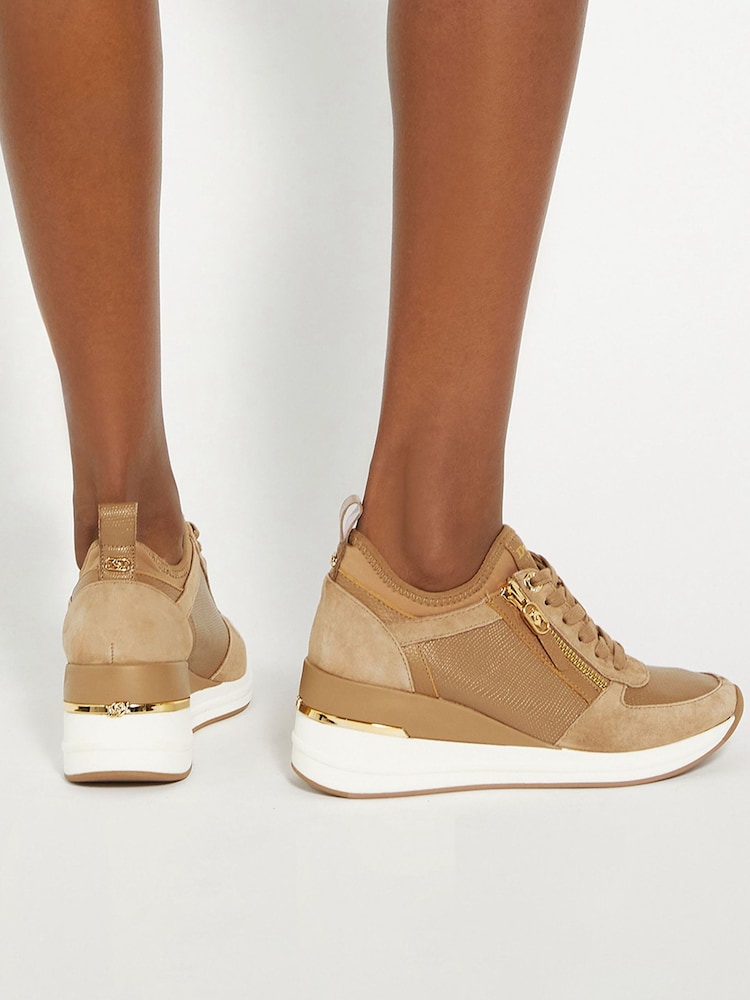 Dune London Brown Standard Fit Eiline 2 Side Zip Wedge Trainers - Image 1 of 6