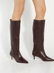 Dune London Brown Standard Fit Smooth Kitten Heel Point Knee-High Boots - Image 1 of 6