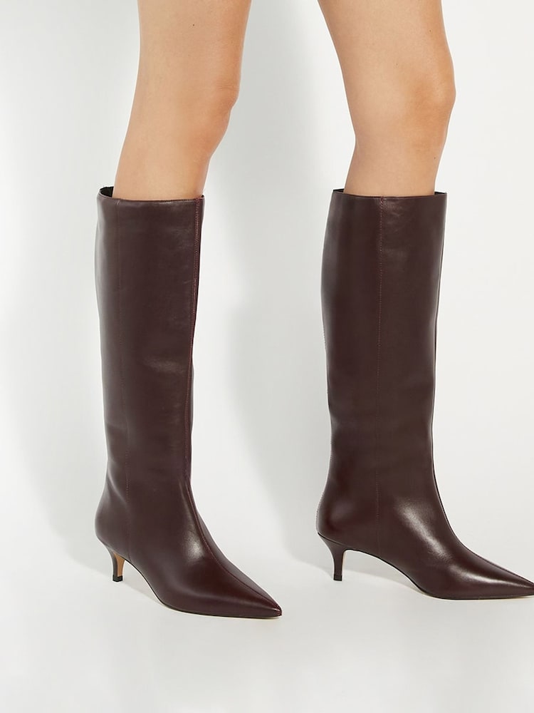 Dune London Brown Standard Fit Smooth Kitten Heel Point Knee-High Boots - Image 1 of 6