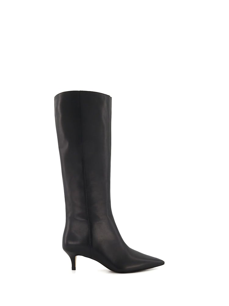 Dune London Black Wide Fit Smooth Kitten Heel Point Knee-High Boots - Image 2 of 6