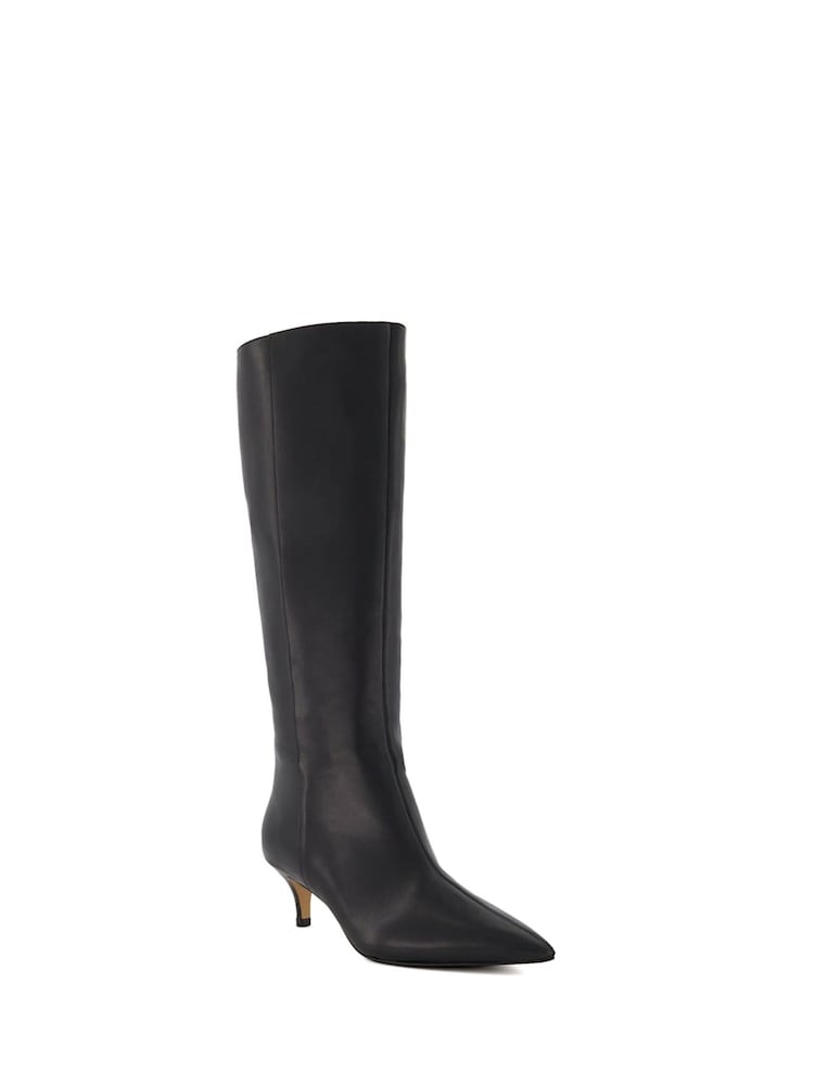 Dune London Black Wide Fit Smooth Kitten Heel Point Knee-High Boots - Image 3 of 6