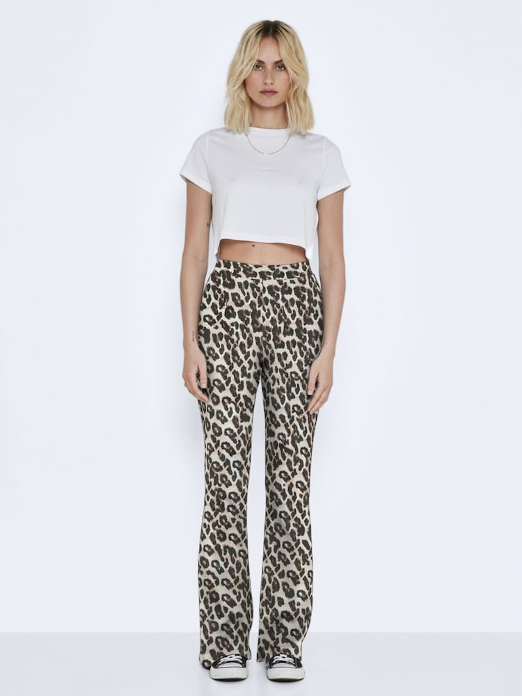 NOISY MAY Black High Waisted Leopard Print Flared Jersey Trousers - Image 1 of 4