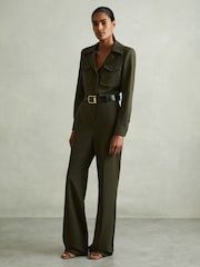 Reiss Dark Green Ray Petite Belted Utility Jumpsuit - Image 1 of 7