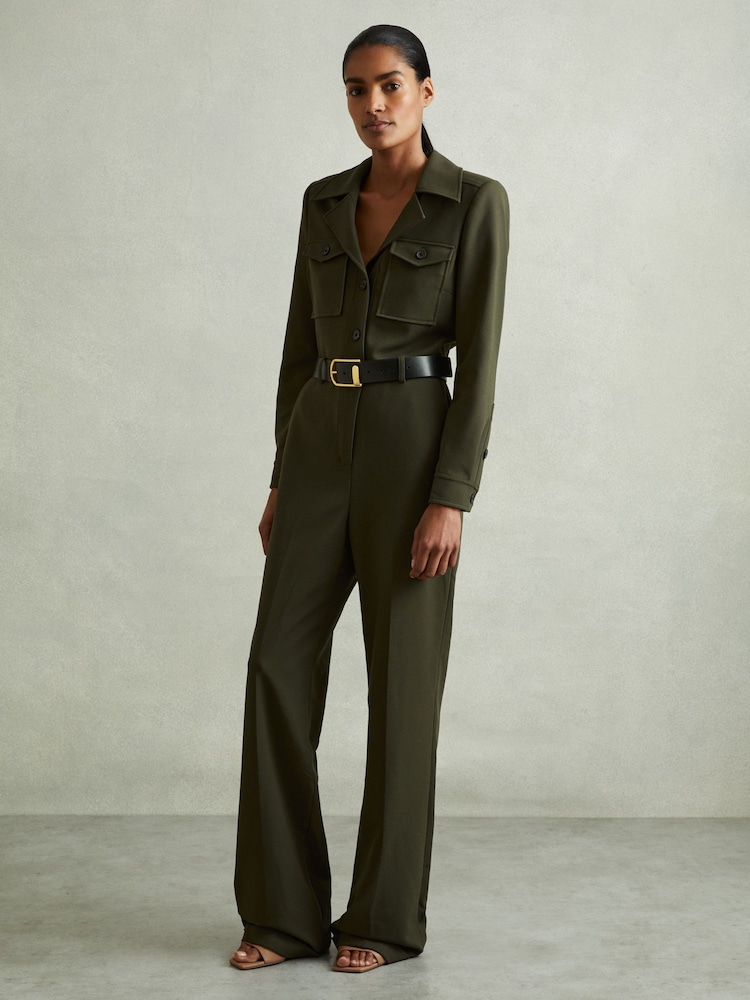 Reiss Dark Green Ray Petite Belted Utility Jumpsuit - Image 1 of 7