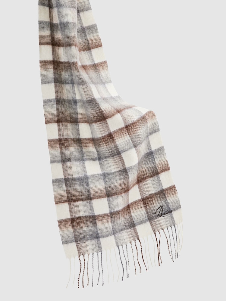 Reiss Brown/Oatmeal/Grey Clement Wool and Cashmere Check Scarf - Image 4 of 5