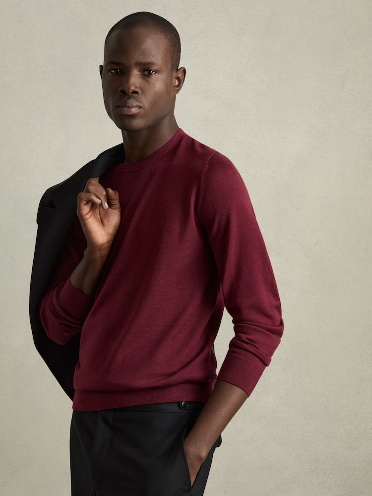 Reiss Claret Red Wessex Merino Wool Crew Neck Jumper - Image 1 of 6 Reiss Claret Red Wessex Merino Wool Crew Neck Jumper - Image 1 of 6
