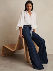 Reiss Dark Blue Heather Petite Stretch-Cotton Wide-Leg Jeans - Image 1 of 8