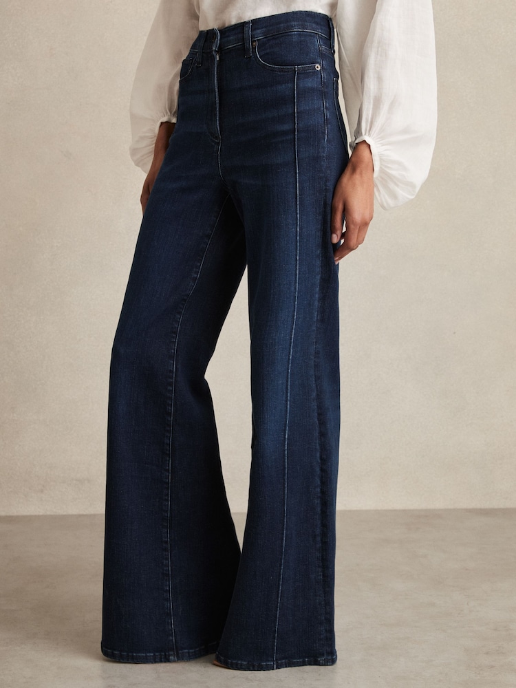 Reiss Dark Blue Heather Petite Stretch-Cotton Wide-Leg Jeans - Image 4 of 8