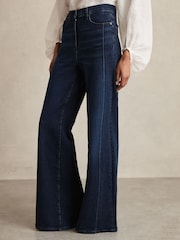 Reiss Dark Blue Heather Stretch-Cotton Wide-Leg Jeans - Image 4 of 7