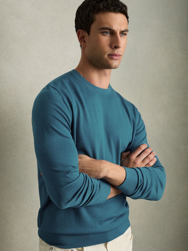 Reiss Deep Teal Blue Wessex Merino Wool Crew Neck Jumper - Image 1 of 6