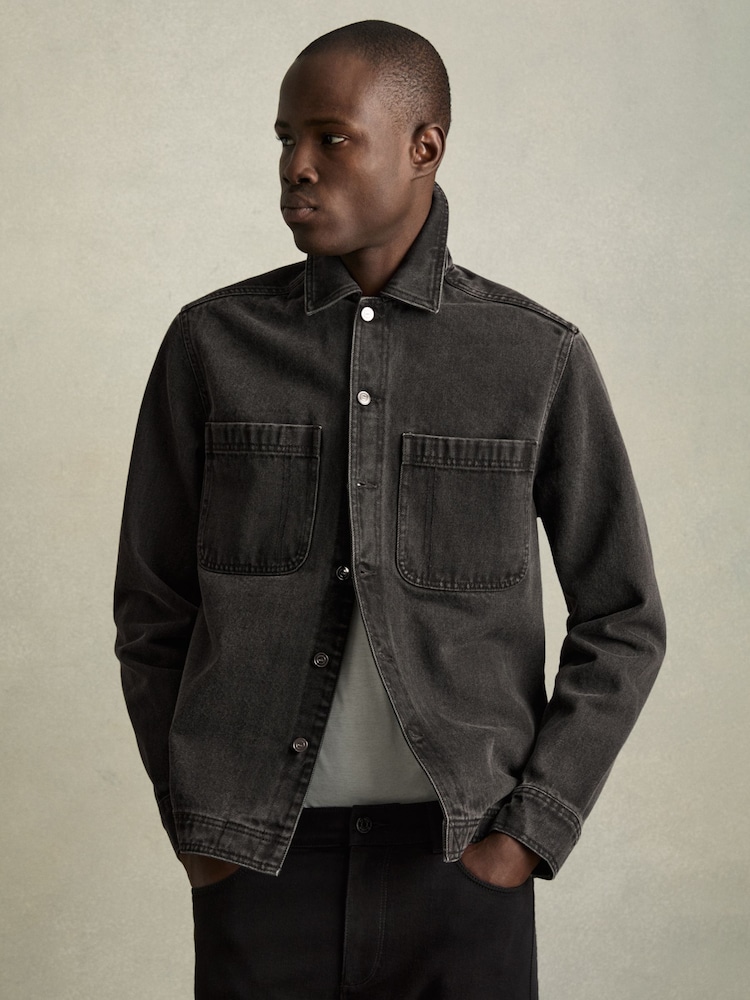 Reiss Washed Black Tore Cotton-Denim Button-Through Overshirt - Image 4 of 6