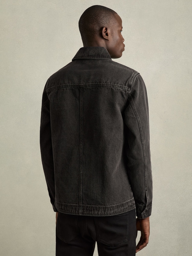 Reiss Washed Black Tore Cotton-Denim Button-Through Overshirt - Image 5 of 6