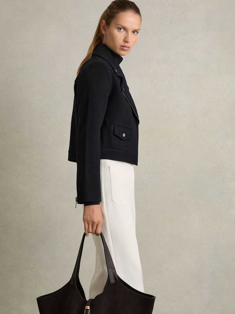 Reiss Navy Arlow Wool-Blend Biker Jacket - Image 1 of 6