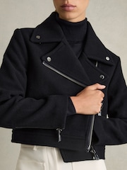 Reiss Navy Arlow Wool-Blend Biker Jacket - Image 3 of 6