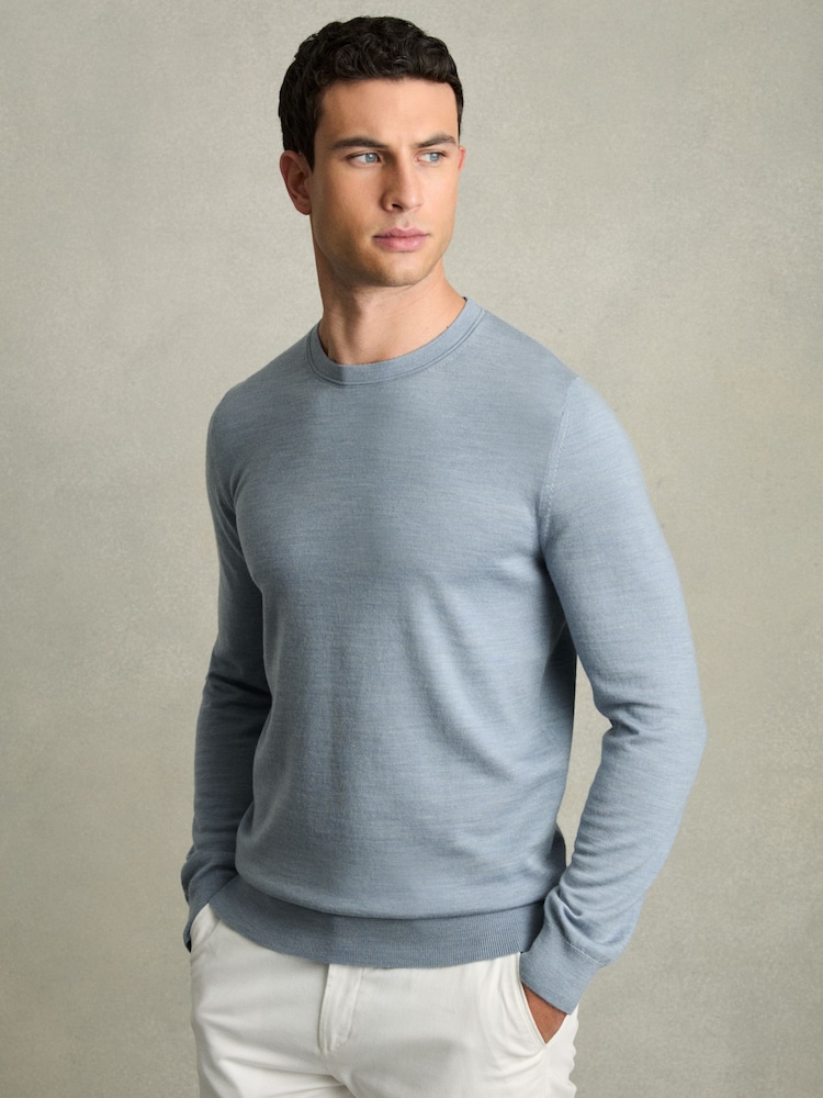Reiss Soft Blue Melange Wessex Merino Wool Crew Neck Jumper - Image 1 of 7