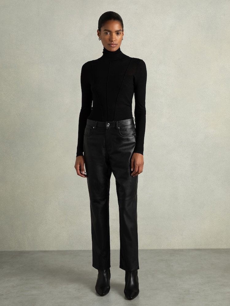Reiss Black Verona Leather Slim-Leg Trousers - Image 1 of 6