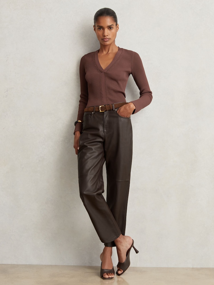Schokoladenbraun - Reiss Verona Leather Slim-Leg Trousers - Bild 1 von 6