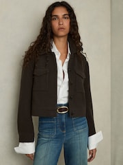 Reiss Mocha Brown Nova Wool-Blend Cropped Jacket - Image 1 of 6