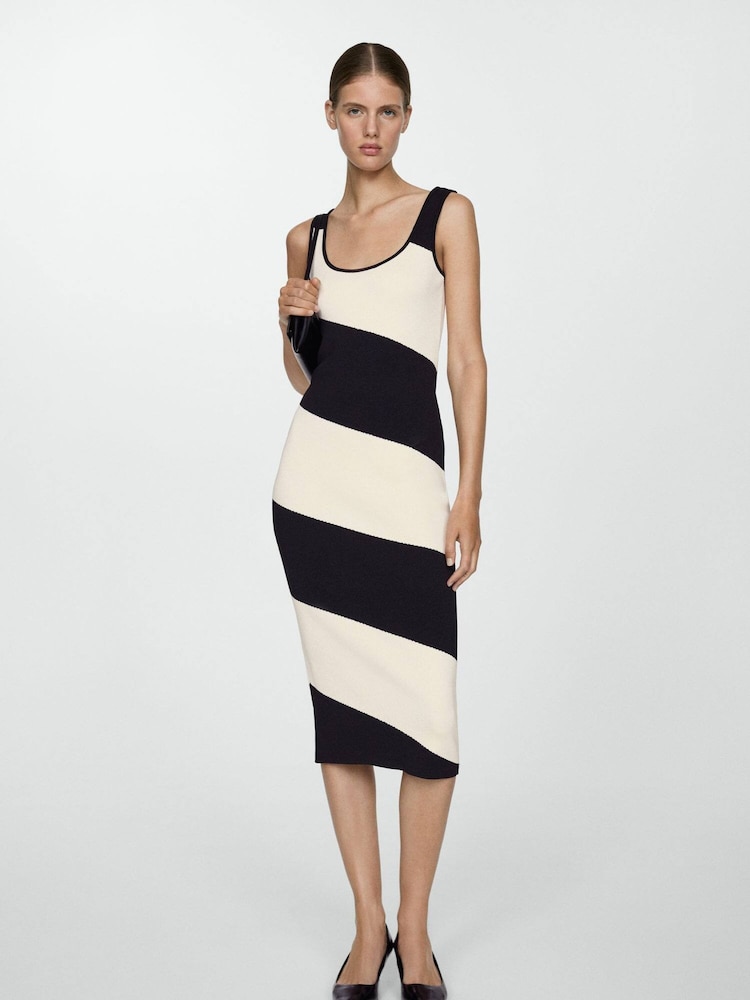 Mango Black Striped Knitted Midi Dress - Image 1 of 6