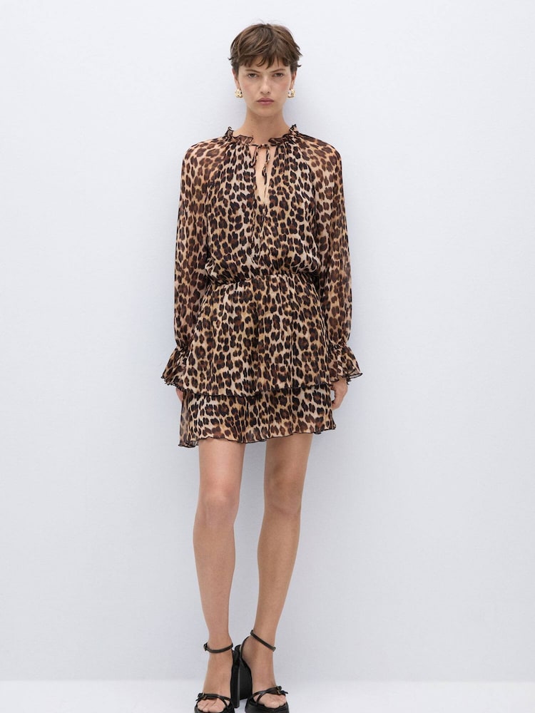 Mango Brown Leopard Print Ruffle Mini Dress - Image 1 of 1 Mango Brown Leopard Print Ruffle Mini Dress - Image 1 of 1