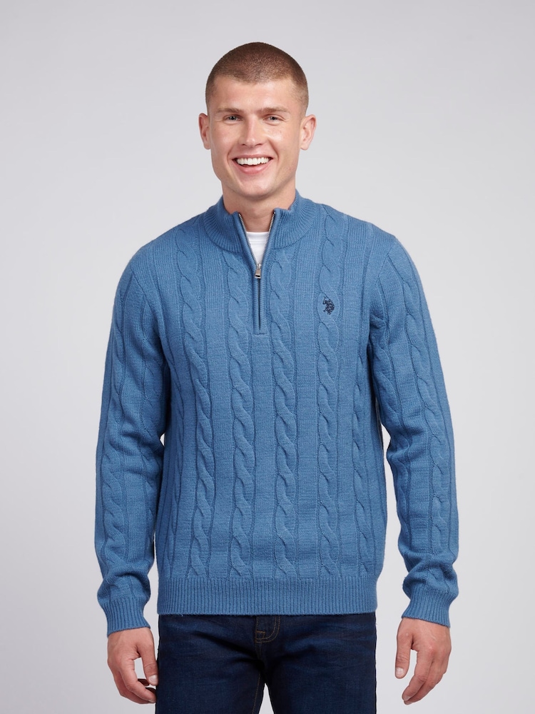 U.S. Polo Assn Aqua Blue U.S. Polo Assn. Mens Cable Knit Funnel Neck Sweater - Image 1 of 7
