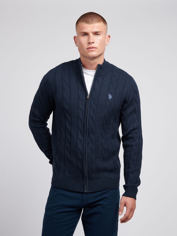 U.S. Polo Assn. Blue Mens Cable Knit Quarter Zip Funnel Neck Sweater - Image 1 of 7