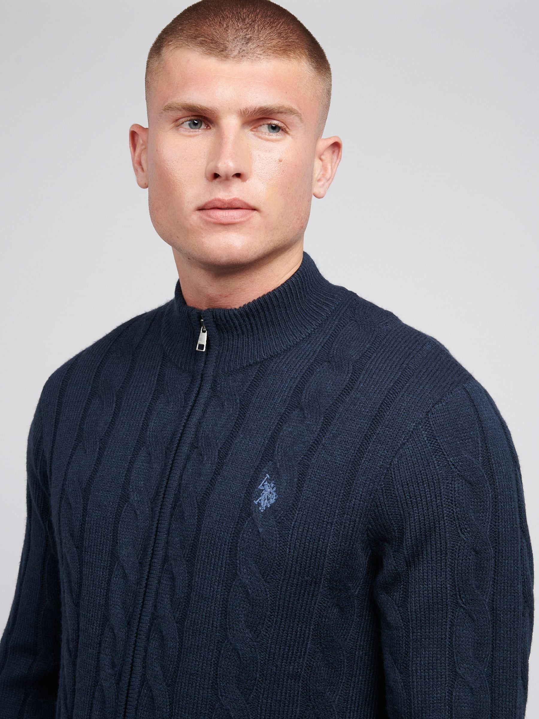 U.S. Polo Assn. Blue Mens Cable Knit Quarter Zip Funnel Neck Sweater
