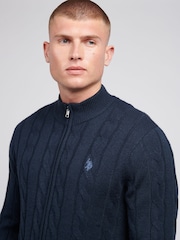 U.S. Polo Assn. Blue Mens Cable Knit Quarter Zip Funnel Neck Sweater - Image 2 of 7