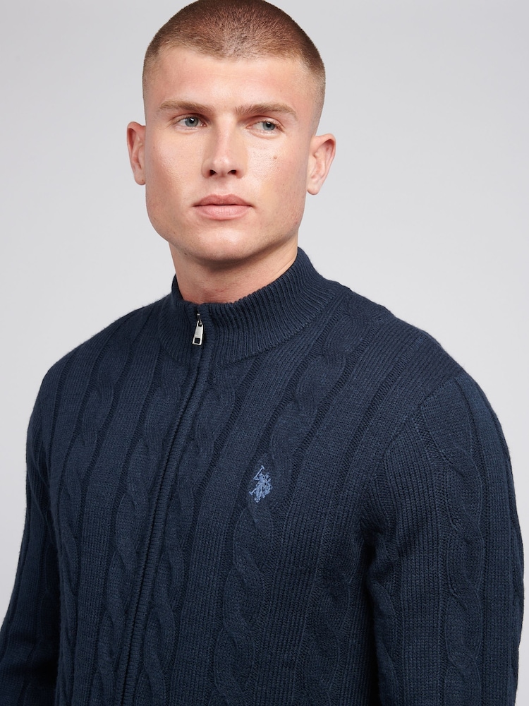 U.S. Polo Assn. Blue Mens Cable Knit Quarter Zip Funnel Neck Sweater - Image 2 of 7