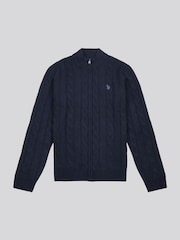 U.S. Polo Assn. Blue Mens Cable Knit Quarter Zip Funnel Neck Sweater - Image 5 of 7