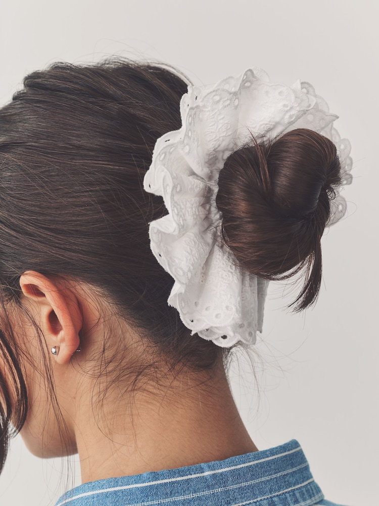 White Broderie 100% Cotton Hair Scrunchie - Image 1 of 5