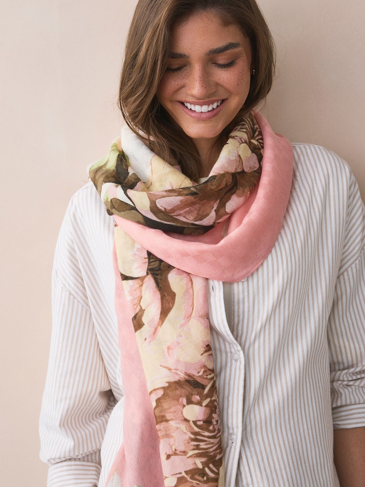 Ecru/Pink Floral Lightweight Scarf - Image 3 of 6
