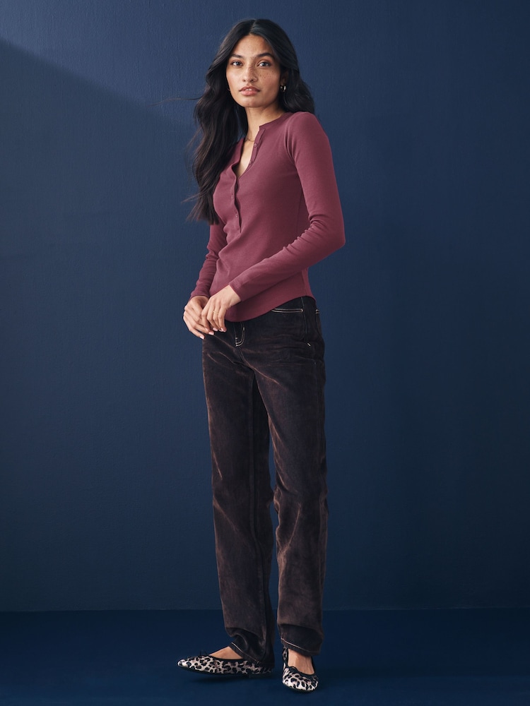 Burgundy Red Ribbed Button Detail Long Sleeve Henley Top - Image 3 of 8