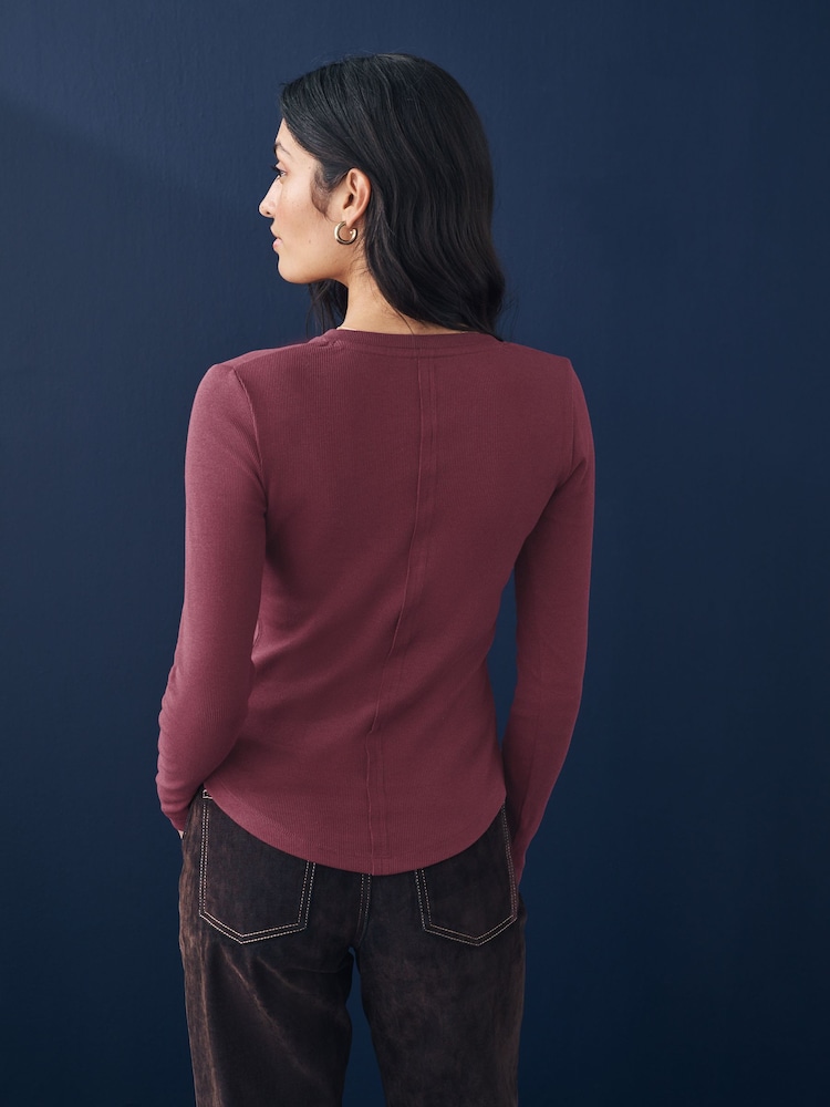 Burgundy Red Ribbed Button Detail Long Sleeve Henley Top - Image 4 of 8