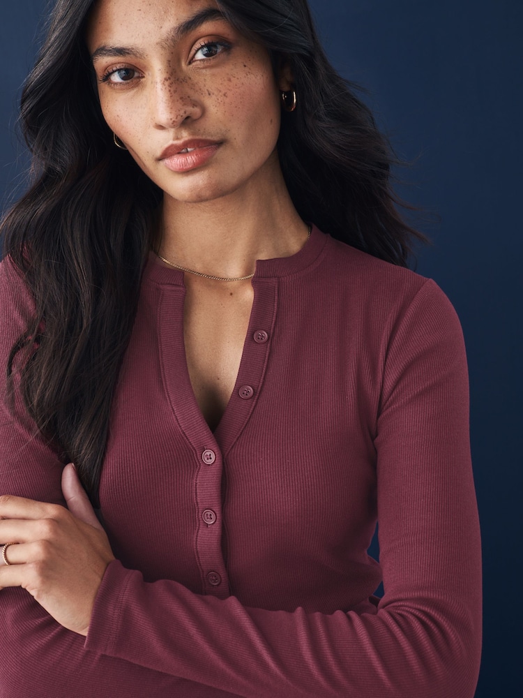 Burgundy Red Ribbed Button Detail Long Sleeve Henley Top - Image 5 of 8