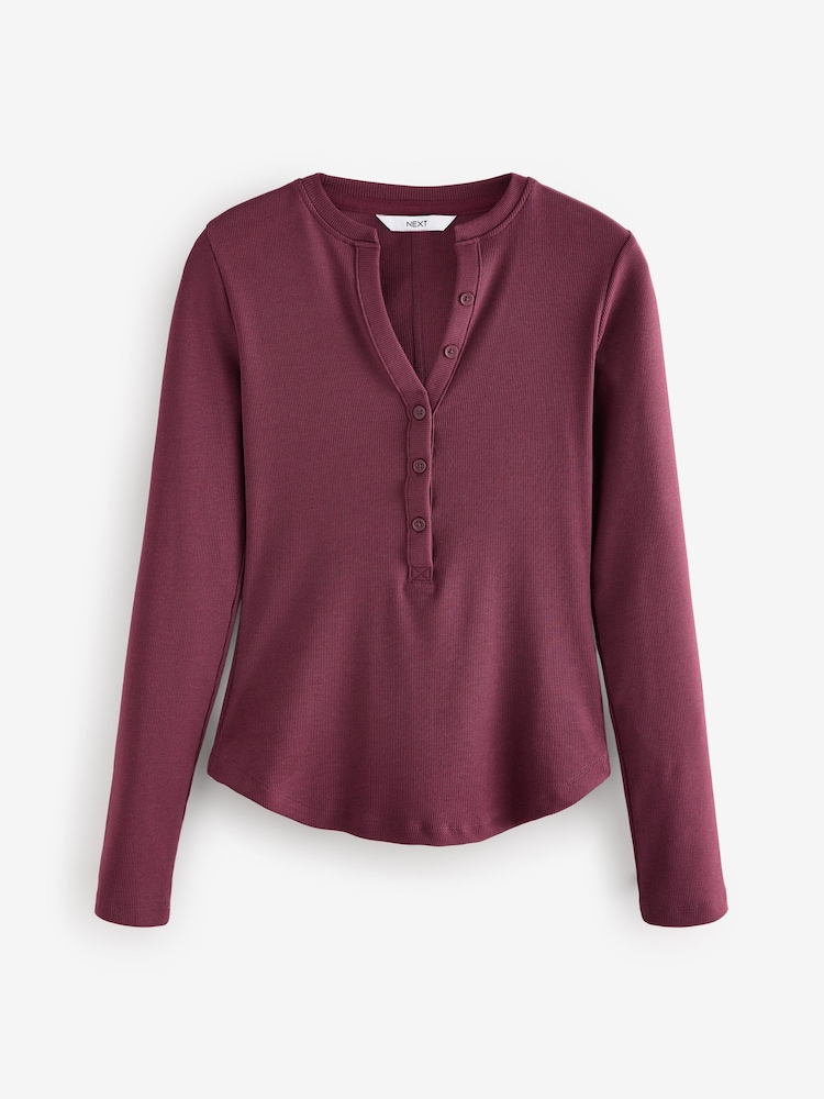 Burgundy Red Ribbed Button Detail Long Sleeve Henley Top - Image 6 of 8