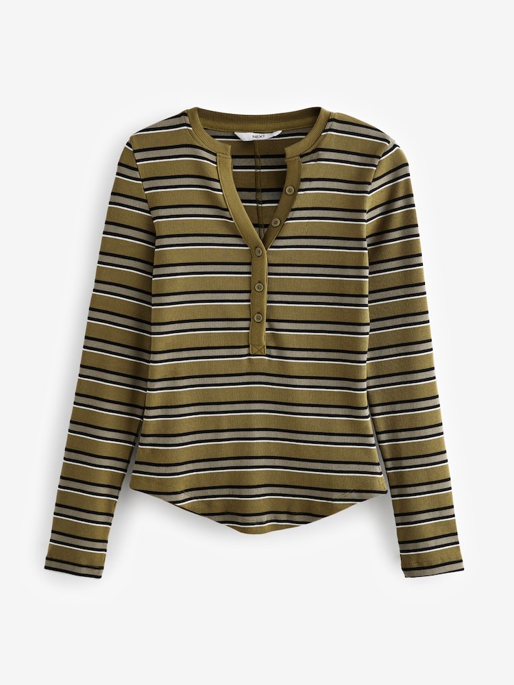 Khaki Green Ribbed Button Detail Long Sleeve Henley Top - Image 5 of 7