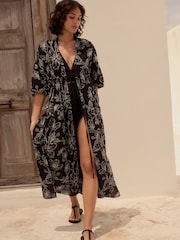 Black Embroidered Tie Front Maxi Length 100% Cotton Kimono - Image 1 of 9