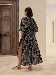 Black Embroidered Tie Front Maxi Length 100% Cotton Kimono - Image 2 of 9