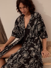 Black Embroidered Tie Front Maxi Length 100% Cotton Kimono - Image 3 of 9