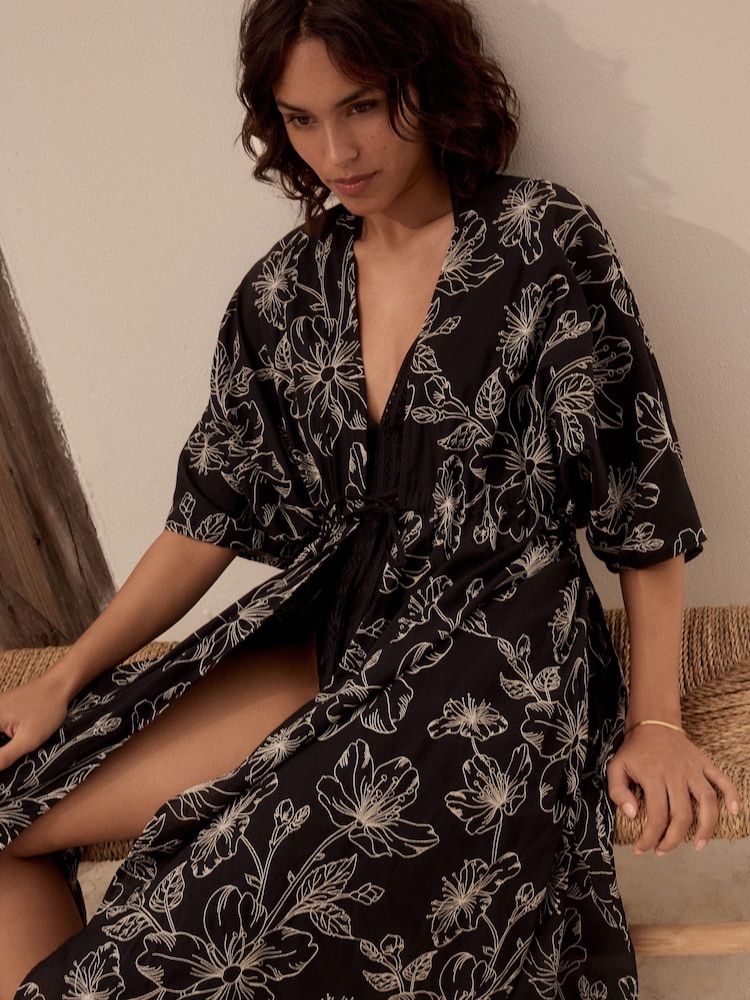 Black Embroidered Tie Front Maxi Length 100% Cotton Kimono - Image 3 of 9