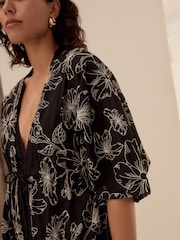 Black Embroidered Tie Front Maxi Length 100% Cotton Kimono - Image 4 of 9